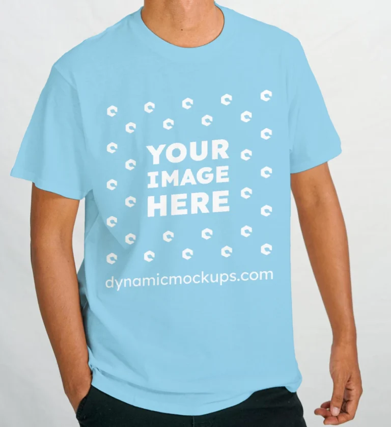 Man Wearing Sky Blue T-shirt Mockup Front View Template