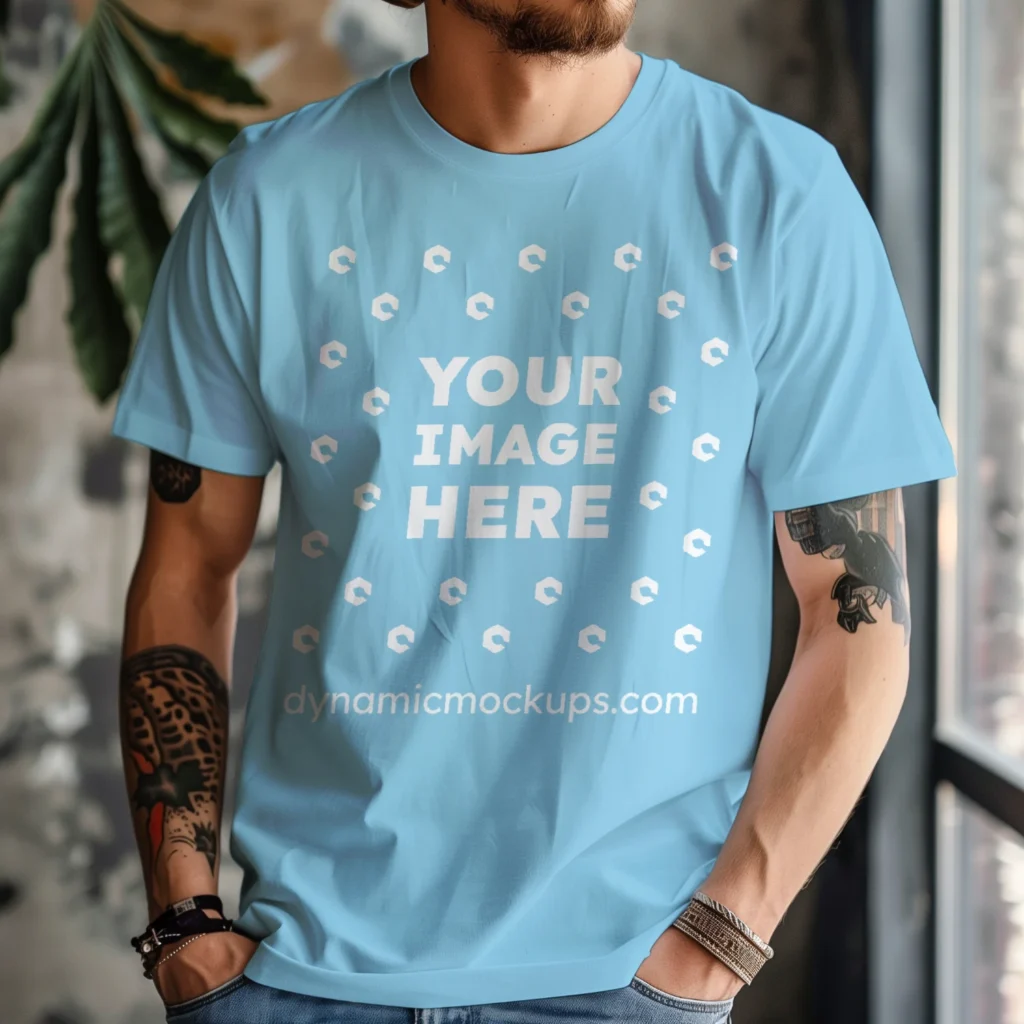 Man Wearing Sky Blue T-shirt Mockup Front View Template