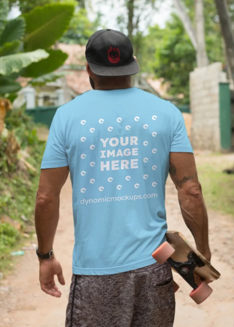 Man Wearing Sky Blue T-shirt Mockup Back View Template