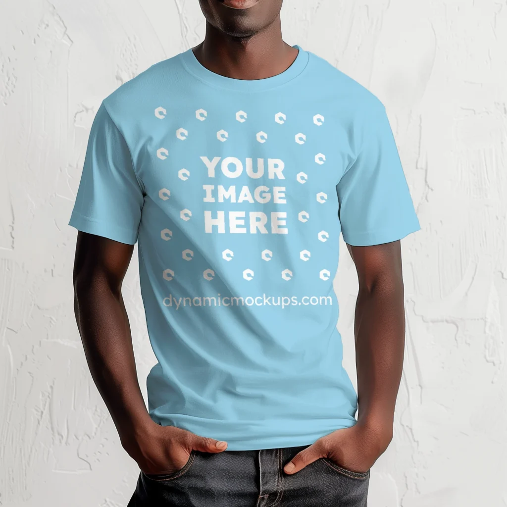 Man Wearing Sky Blue T-shirt Mockup Front View Template