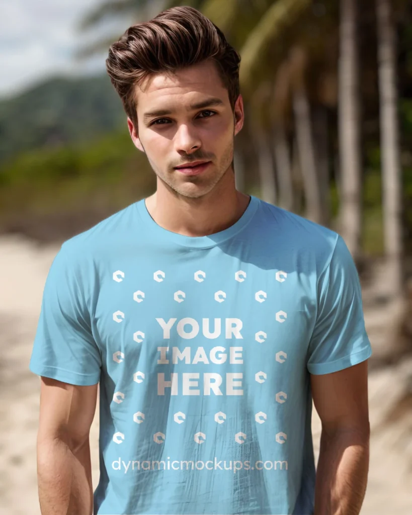 Man Wearing Sky Blue T-shirt Mockup Front View Template