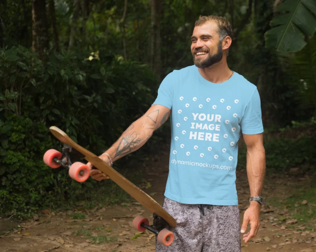 Man Wearing Sky Blue T-shirt Mockup Front View Template