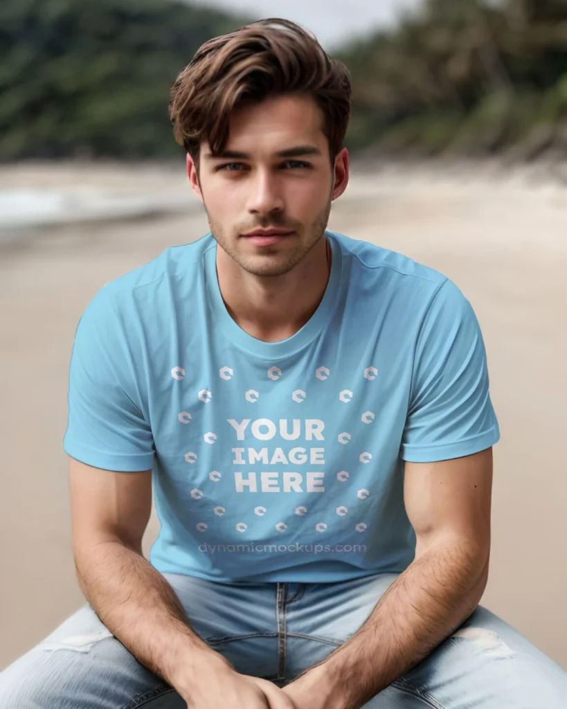 Man Wearing Sky Blue T-shirt Mockup Front View Template