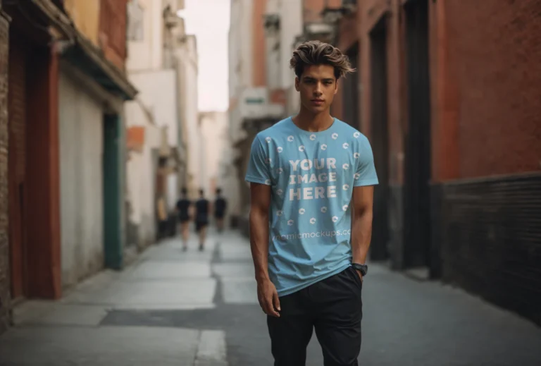 Man Wearing Sky Blue T-shirt Mockup Front View Template