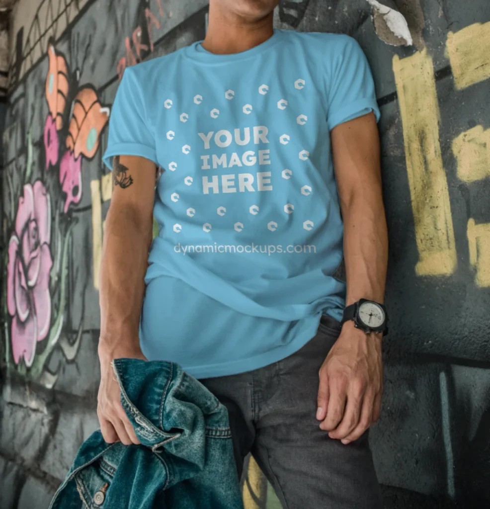 Man Wearing Sky Blue T-shirt Mockup Front View Template