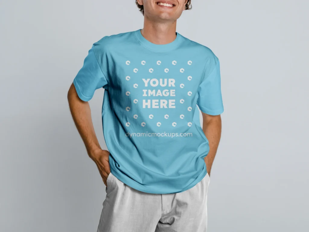 Man Wearing Sky Blue T-shirt Mockup Front View Template