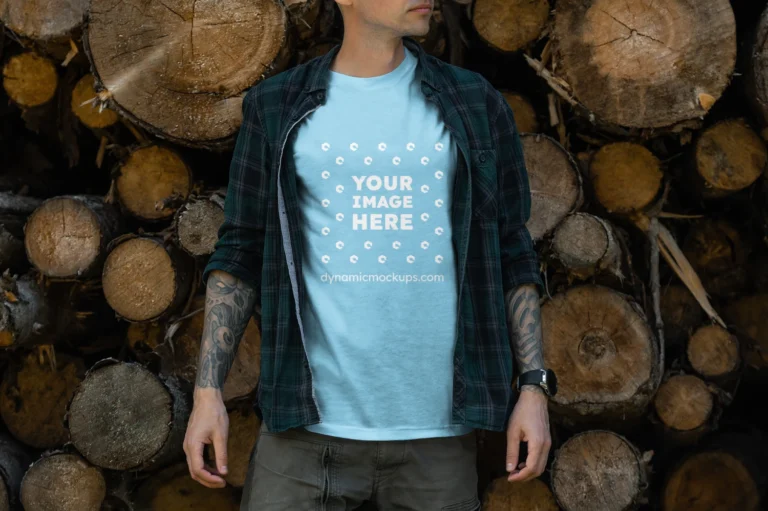 Man Wearing Sky Blue T-shirt Mockup Front View Template