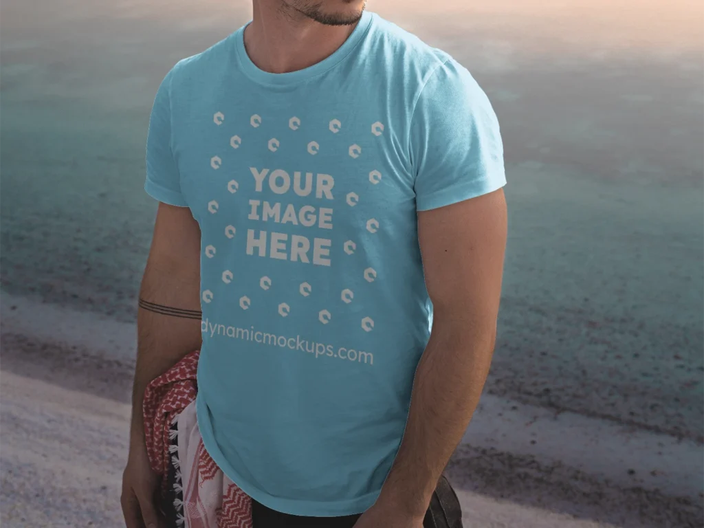 Man Wearing Sky Blue T-shirt Mockup Front View Template