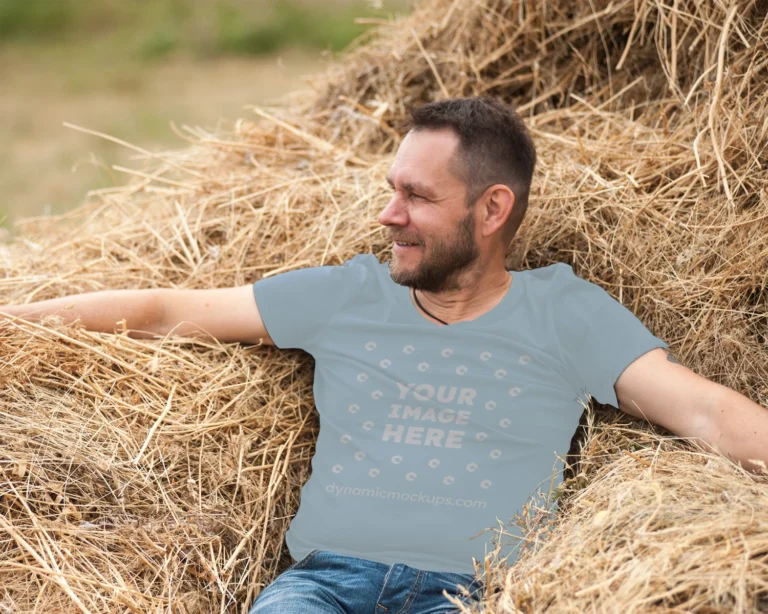 Man Wearing Sky Blue T-shirt Mockup Front View Template