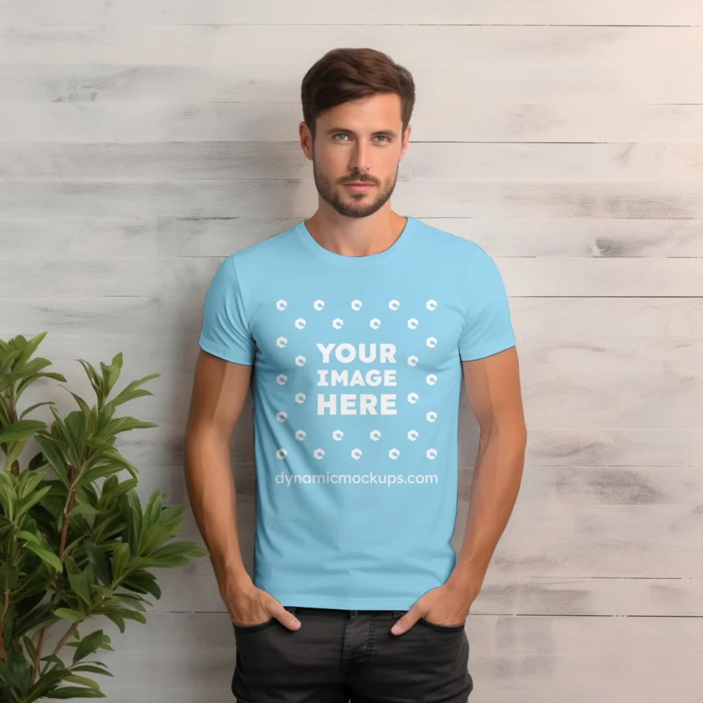 Man Wearing Sky Blue T-shirt Mockup Front View Template