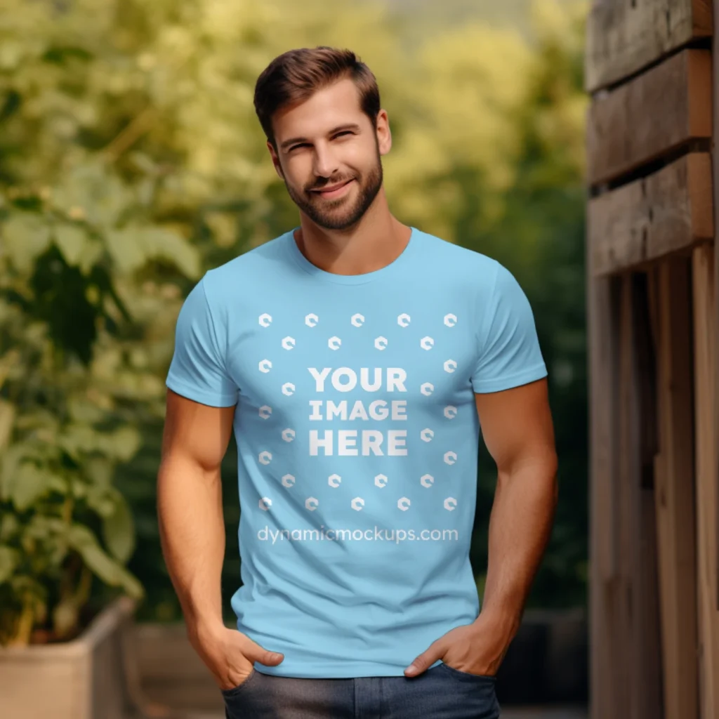 Man Wearing Sky Blue T-shirt Mockup Front View Template