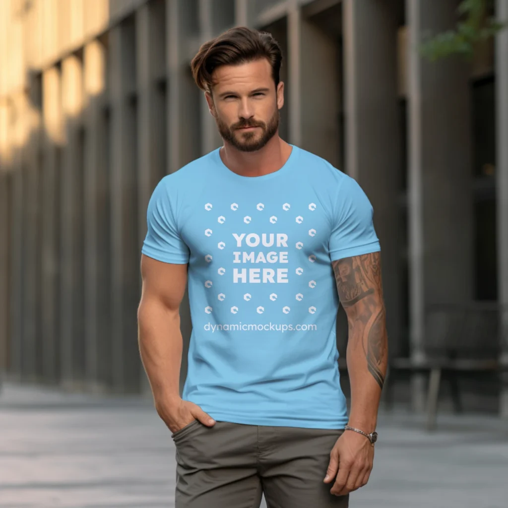 Man Wearing Sky Blue T-shirt Mockup Front View Template