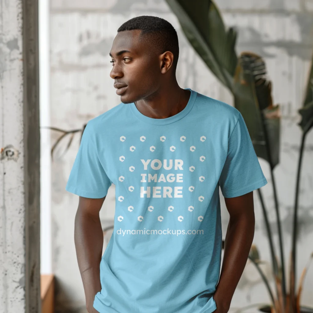 Man Wearing Sky Blue T-shirt Mockup Front View Template