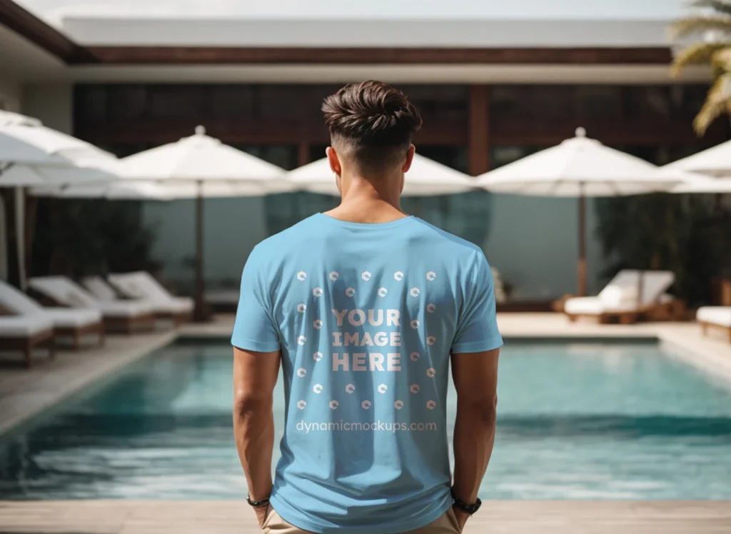 Man Wearing Sky Blue T-shirt Mockup Back View Template