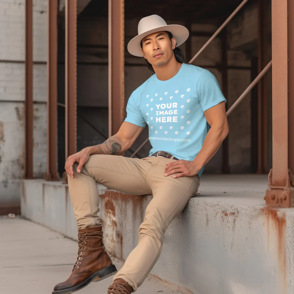 Man Wearing Sky Blue T-shirt Mockup Front View Template