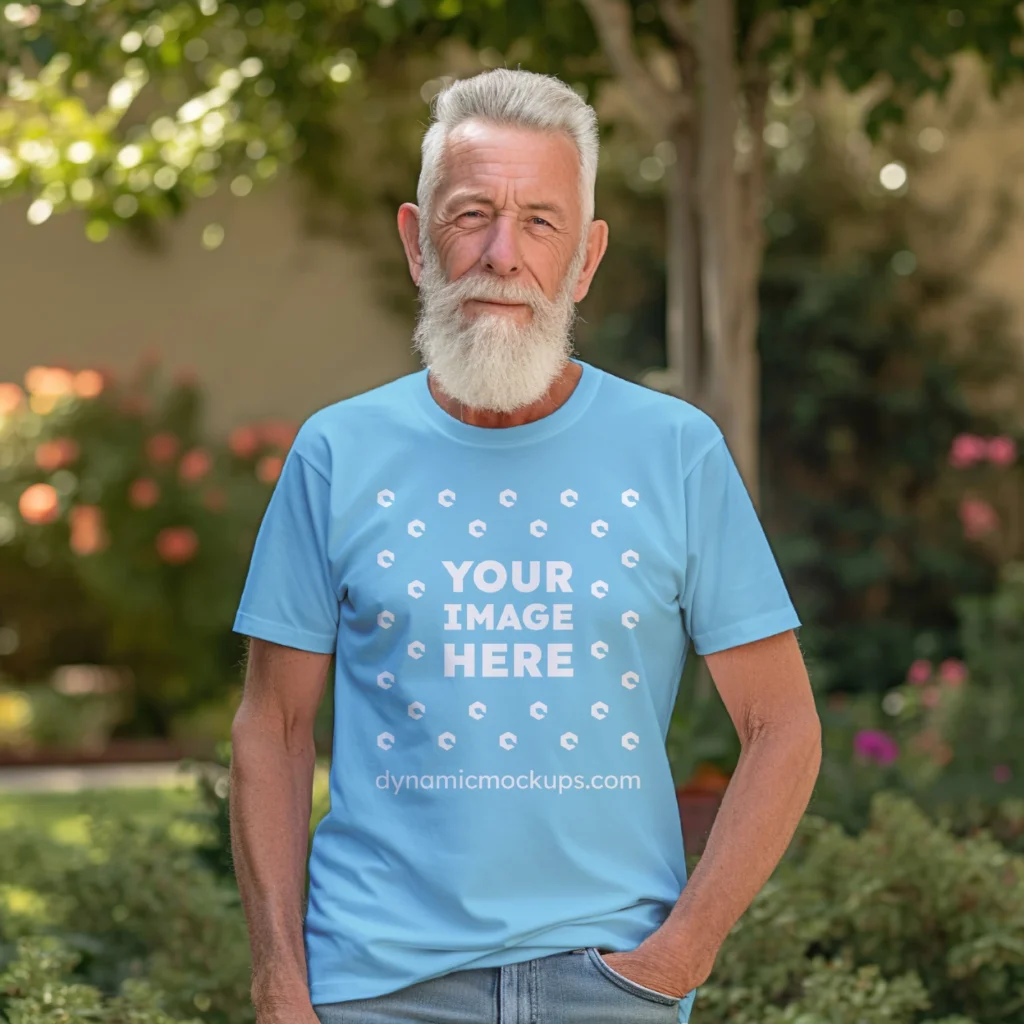 Man Wearing Sky Blue T-shirt Mockup Front View Template