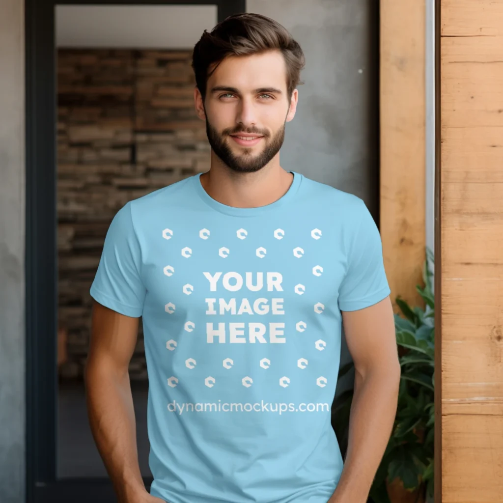 Man Wearing Sky Blue T-shirt Mockup Front View Template