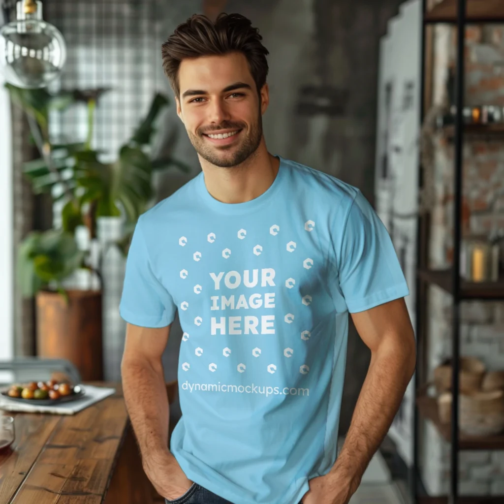 Man Wearing Sky Blue T-shirt Mockup Front View Template