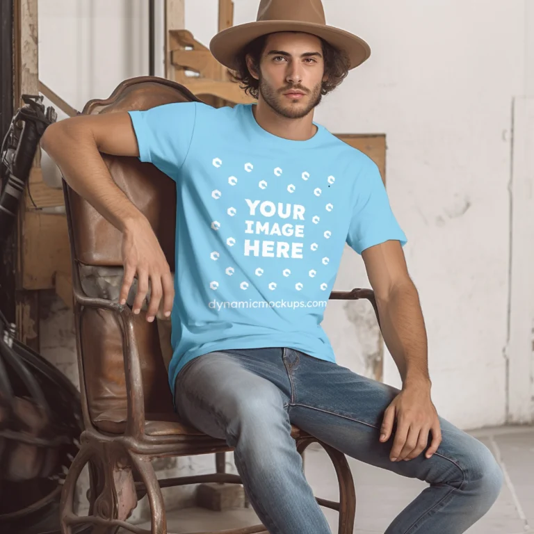 Man Wearing Sky Blue T-shirt Mockup Front View Template