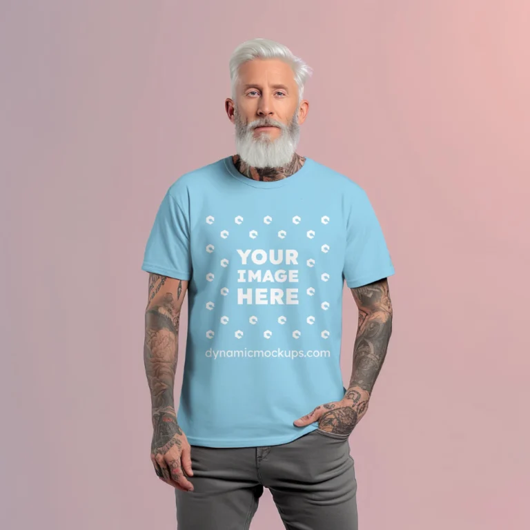 Man Wearing Sky Blue T-shirt Mockup Front View Template