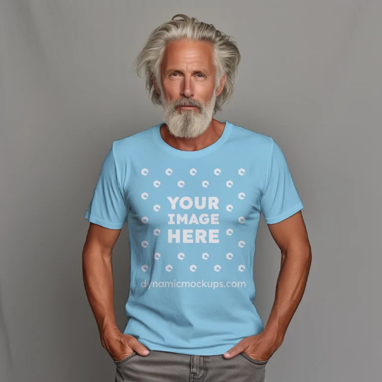 Man Wearing Sky Blue T-shirt Mockup Front View Template