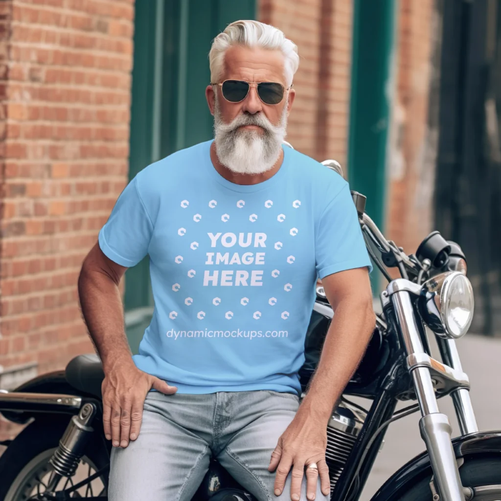 Man Wearing Sky Blue T-shirt Mockup Front View Template