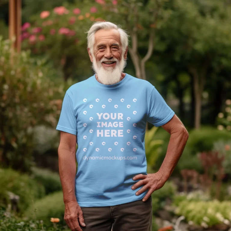 Man Wearing Sky Blue T-shirt Mockup Front View Template