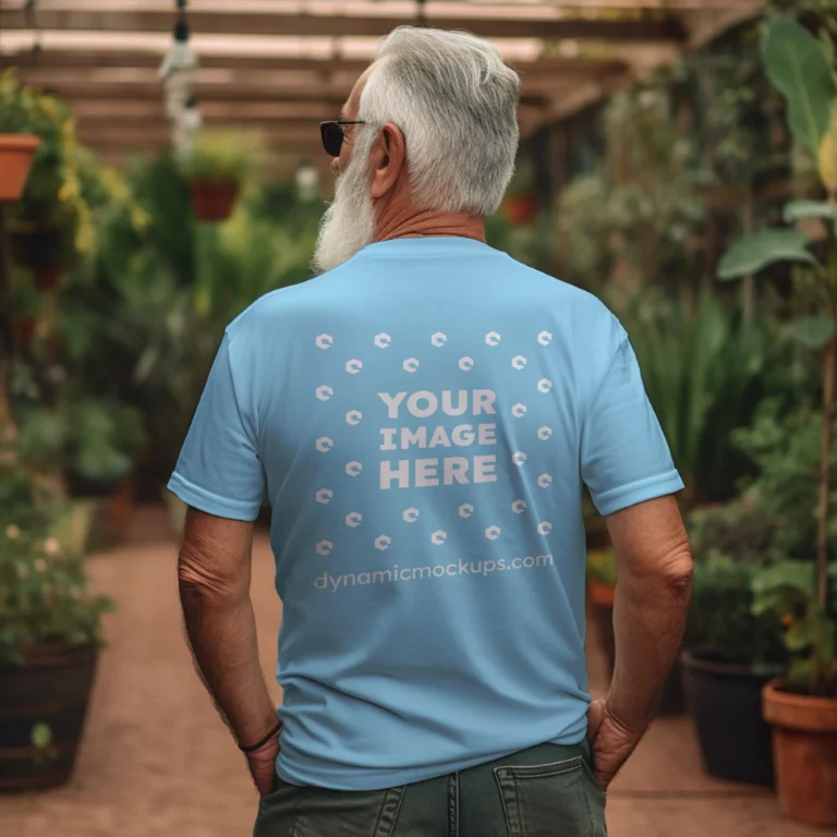 Man Wearing Sky Blue T-shirt Mockup Back View Template