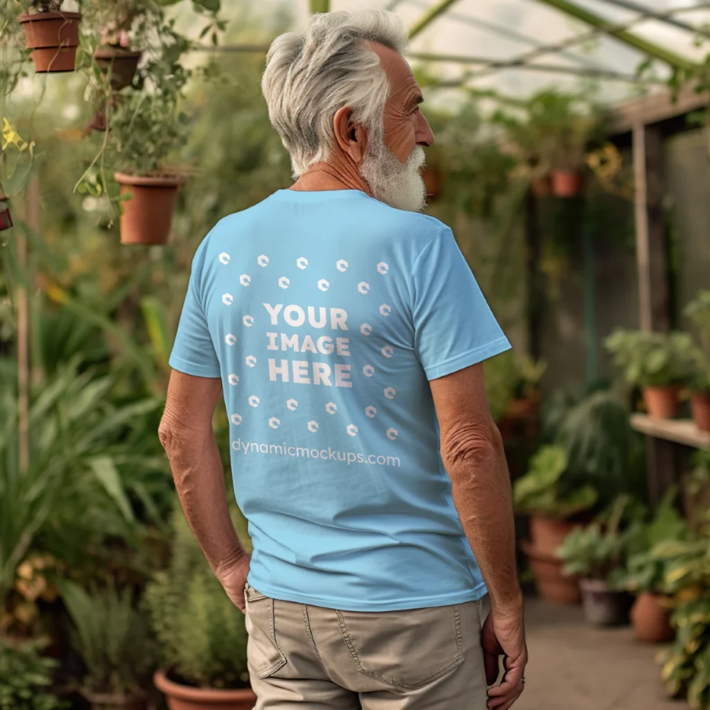 Man Wearing Sky Blue T-shirt Mockup Back View Template