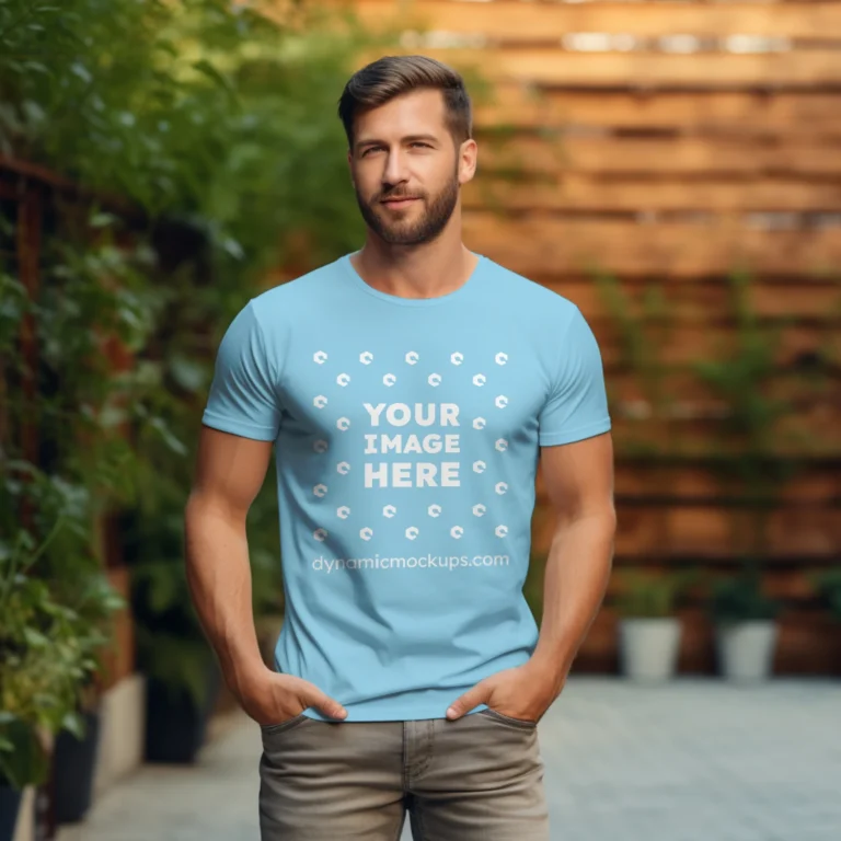 Man Wearing Sky Blue T-shirt Mockup Front View Template