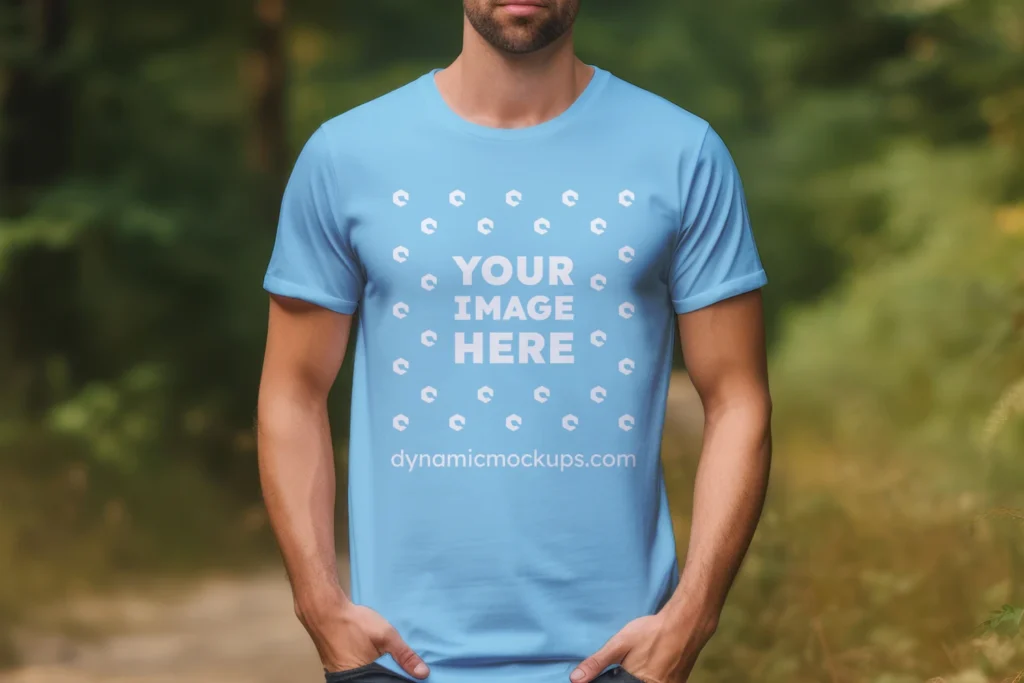 Man Wearing Sky Blue T-shirt Mockup Front View Template