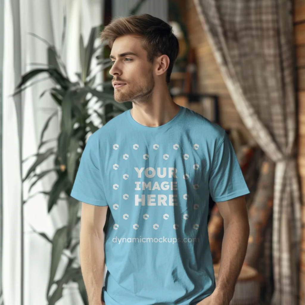 Man Wearing Sky Blue T-shirt Mockup Front View Template