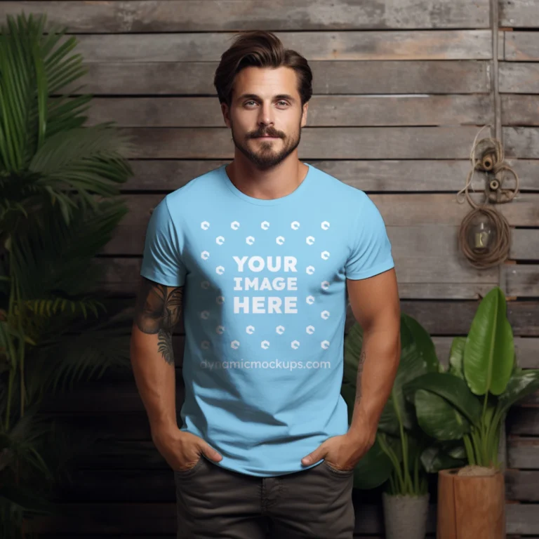 Man Wearing Sky Blue T-shirt Mockup Front View Template