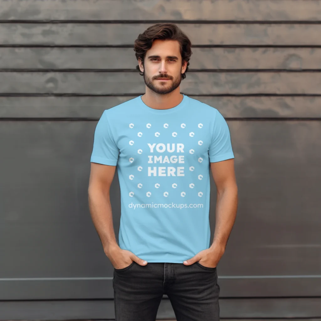 Man Wearing Sky Blue T-shirt Mockup Front View Template