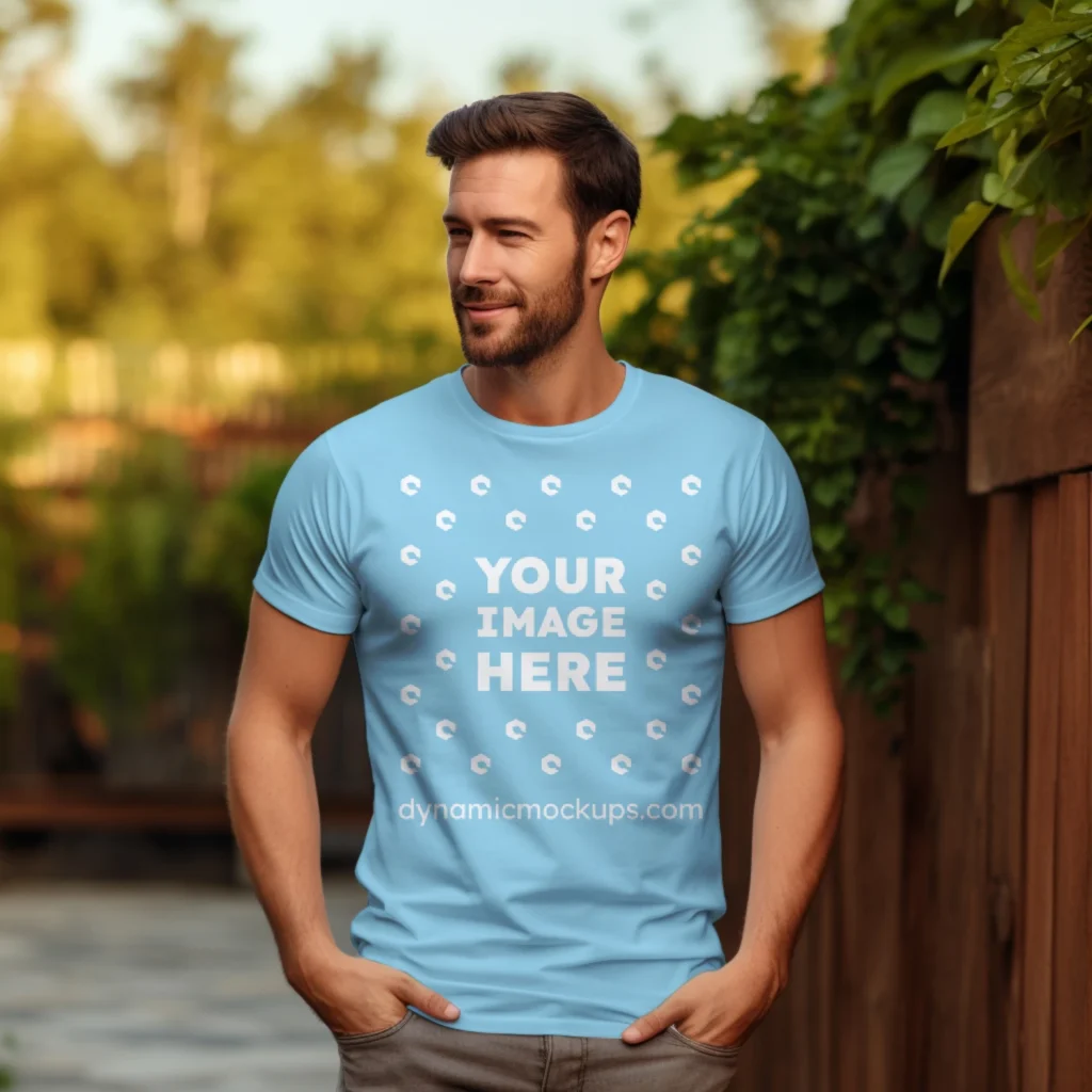 Man Wearing Sky Blue T-shirt Mockup Front View Template