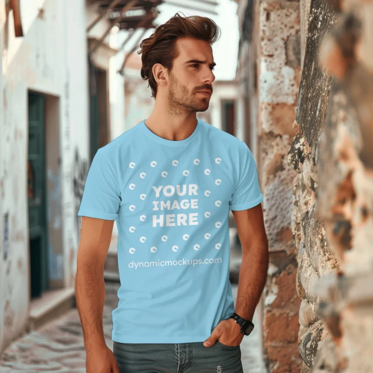 Man Wearing Sky Blue T-shirt Mockup Front View Template