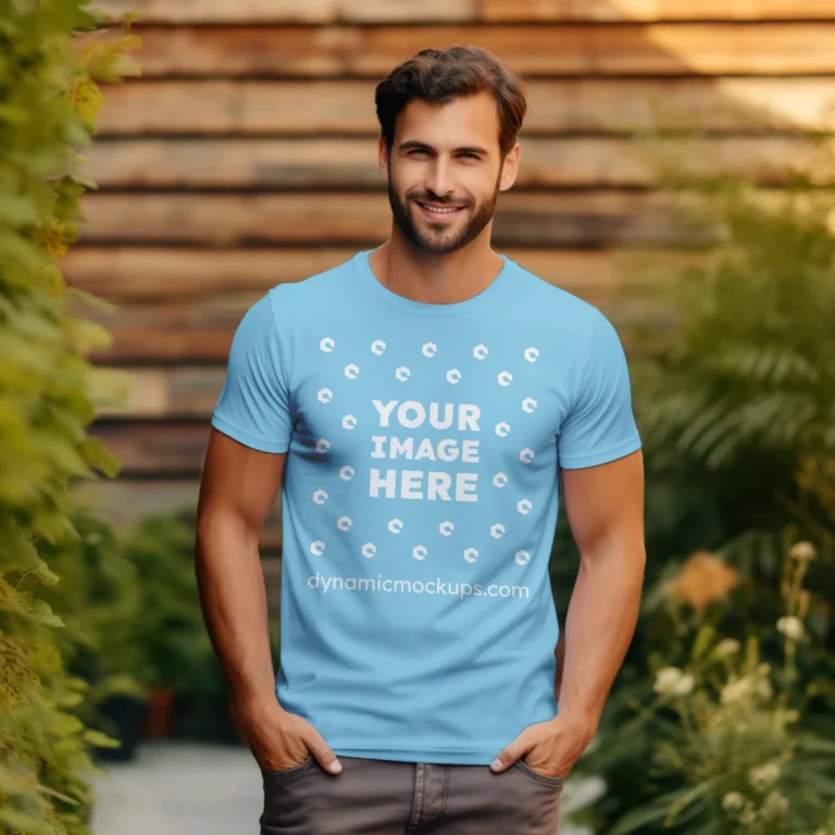 Man Wearing Sky Blue T-shirt Mockup Front View Template