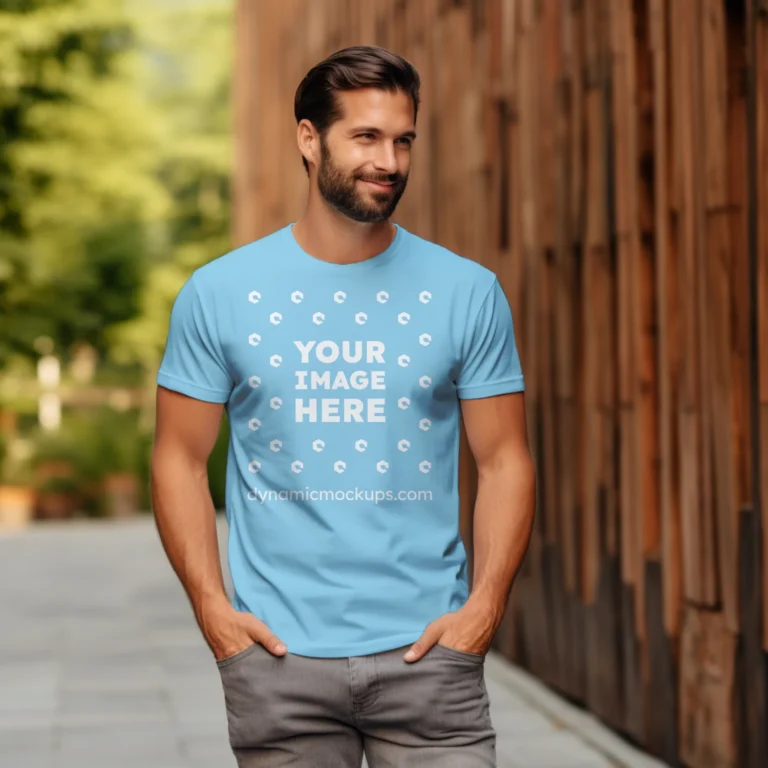 Man Wearing Sky Blue T-shirt Mockup Front View Template