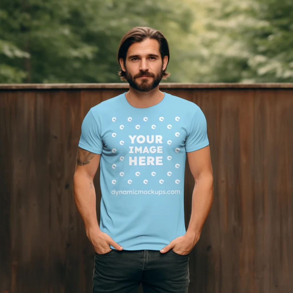 Man Wearing Sky Blue T-shirt Mockup Front View Template