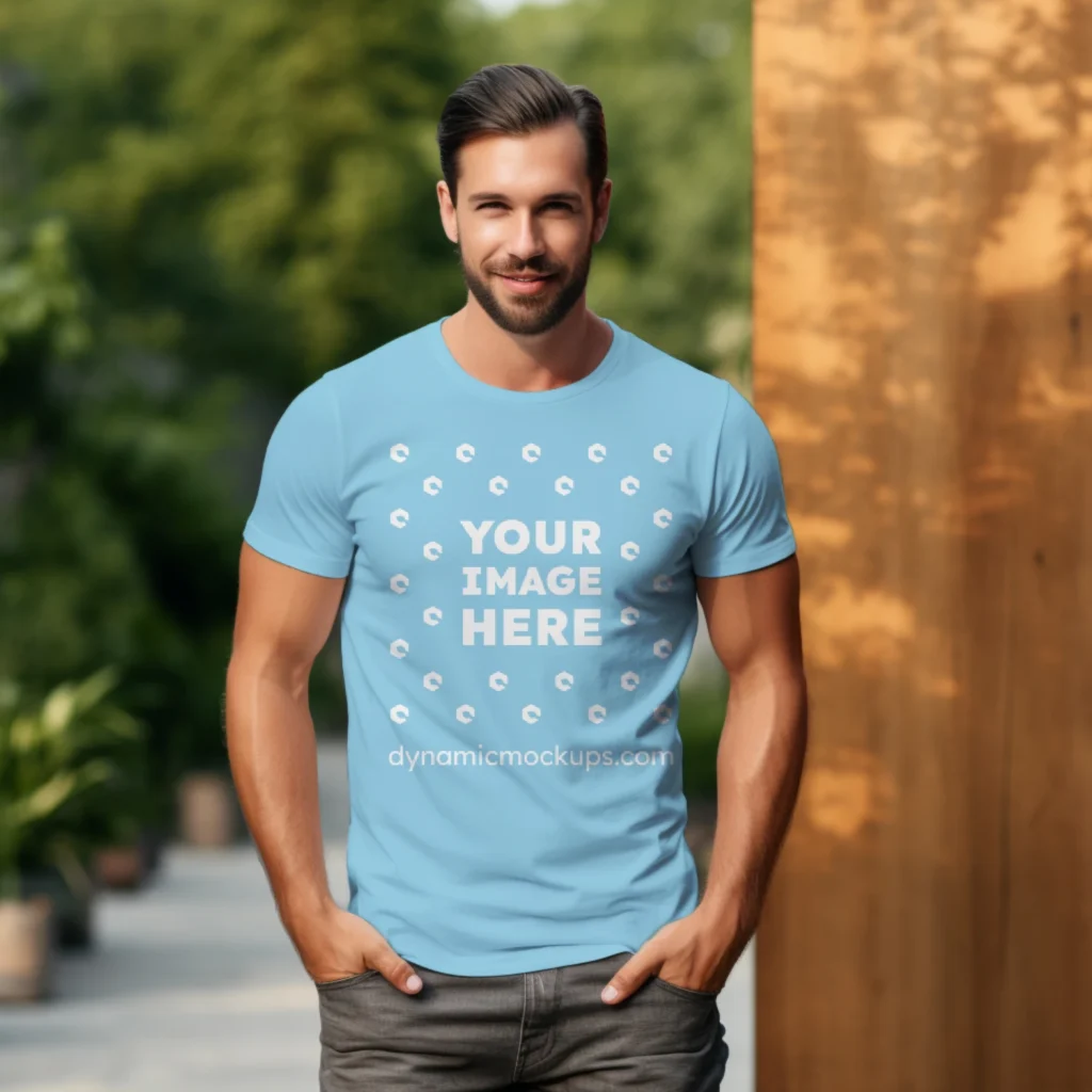 Man Wearing Sky Blue T-shirt Mockup Front View Template