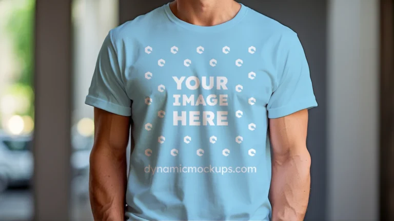 Man Wearing Sky Blue T-shirt Mockup Front View Template