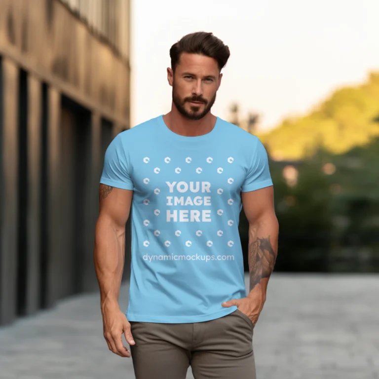 Man Wearing Sky Blue T-shirt Mockup Front View Template