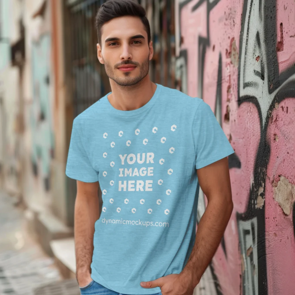 Man Wearing Sky Blue T-shirt Mockup Front View Template