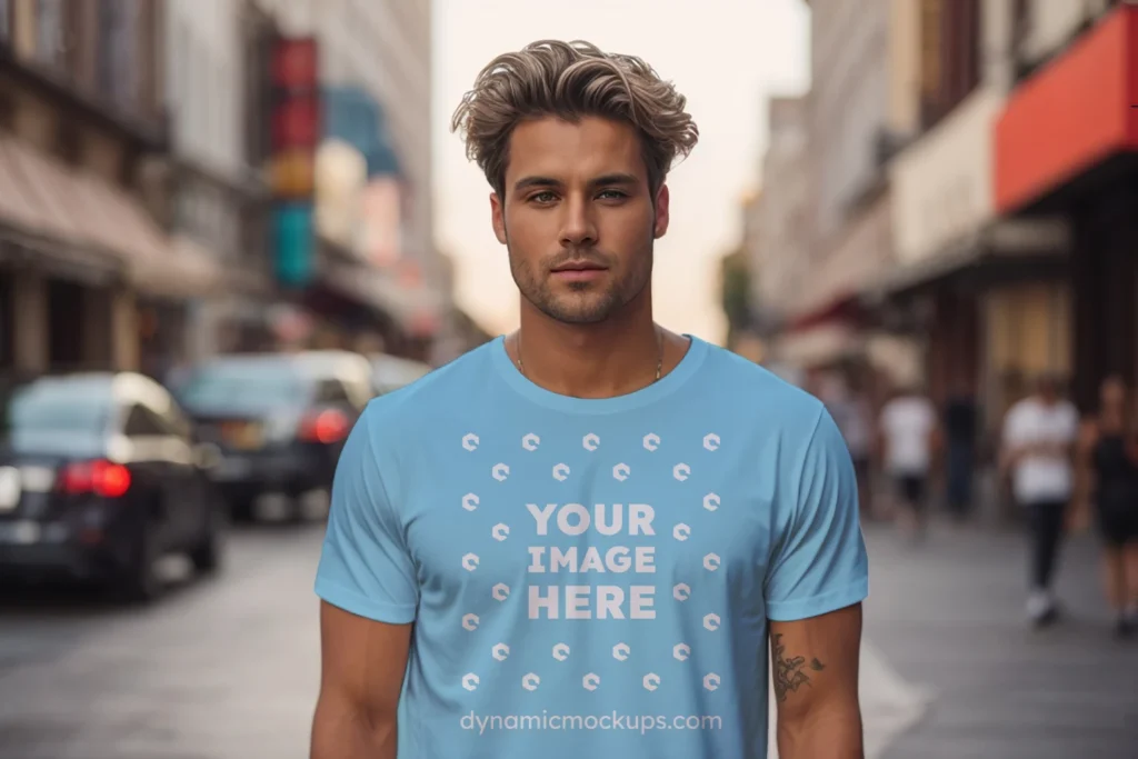 Man Wearing Sky Blue T-shirt Mockup Front View Template