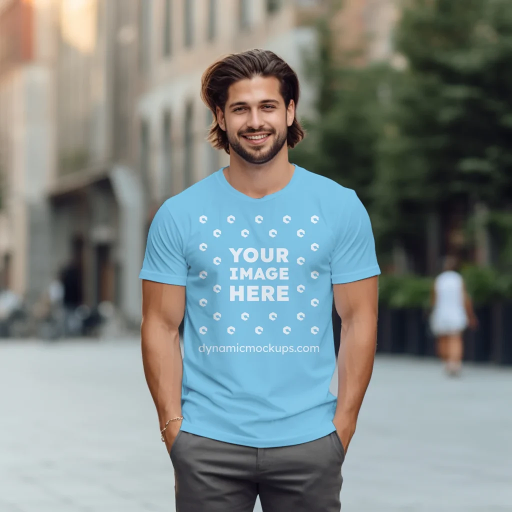 Man Wearing Sky Blue T-shirt Mockup Front View Template