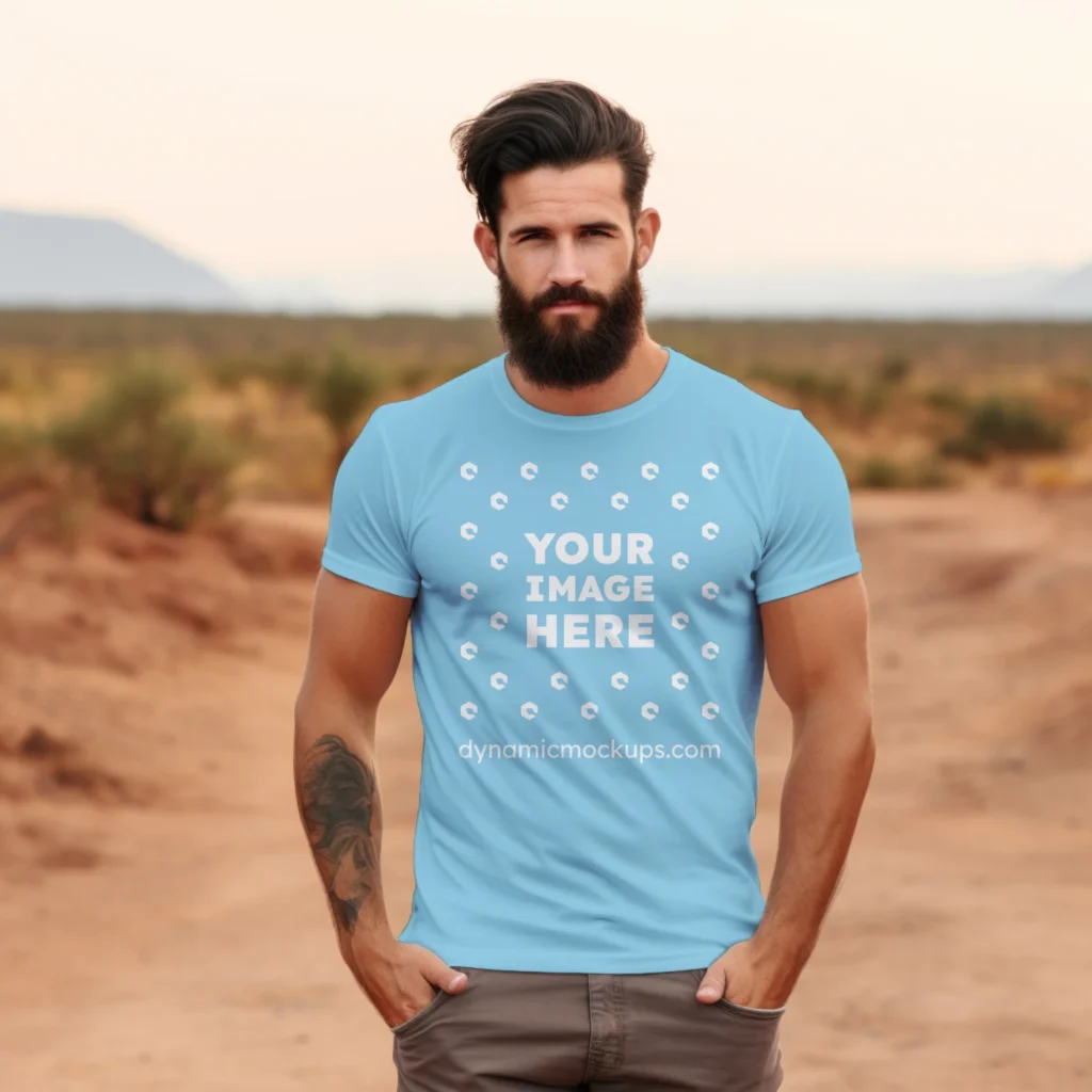 Man Wearing Sky Blue T-shirt Mockup Front View Template