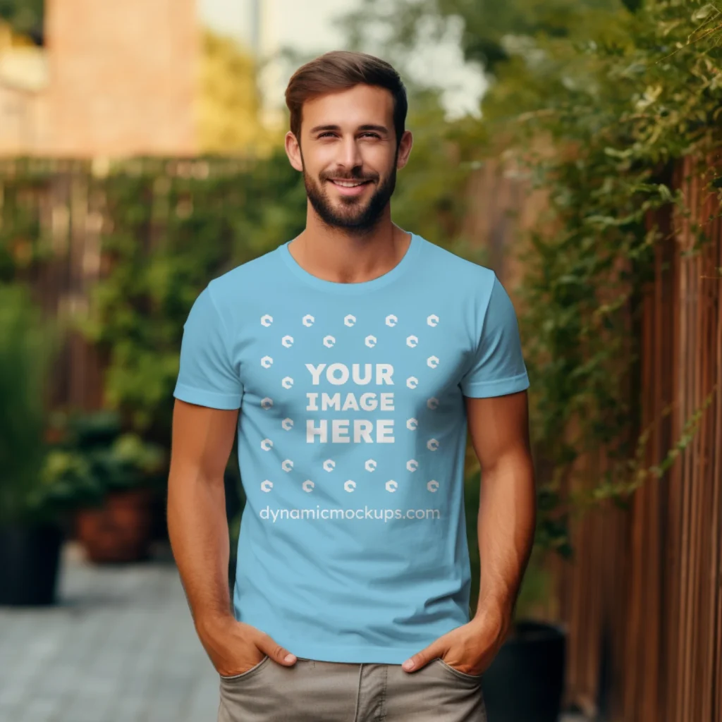 Man Wearing Sky Blue T-shirt Mockup Front View Template