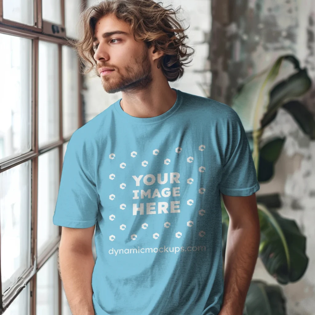 Man Wearing Sky Blue T-shirt Mockup Front View Template