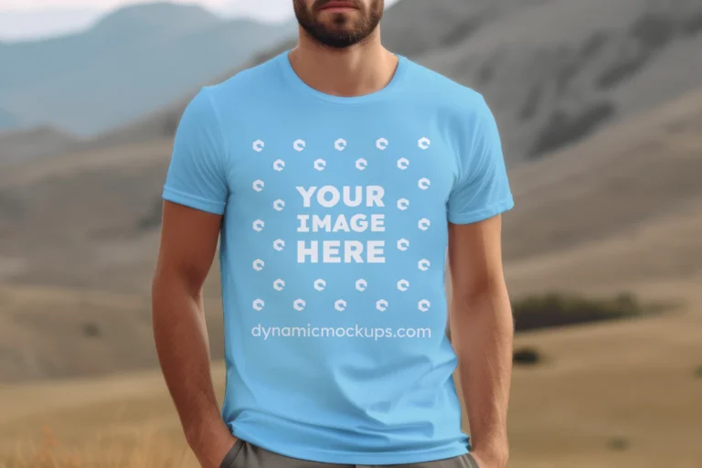 Man Wearing Sky Blue T-shirt Mockup Front View Template