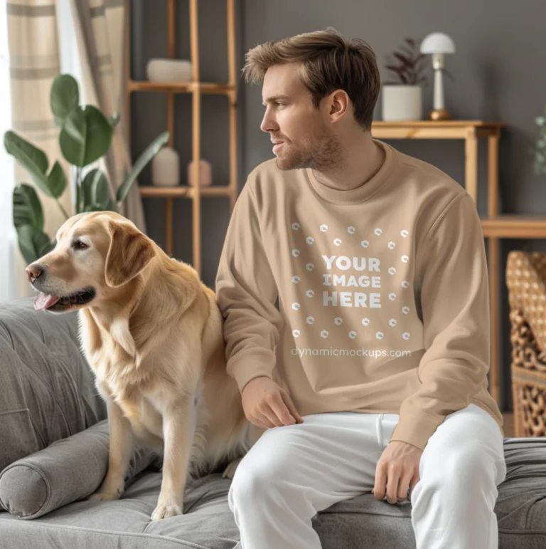 Man Wearing Tan Sweatshirt Mockup Front View Template